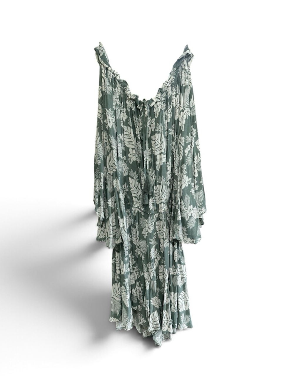Green Floral Long-Sleeve Romper with Ruffle Neckline